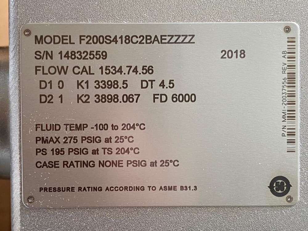 Micro Motion 2" x 1-1/2" 150# 316 Stainless Flow Meter F200S418C2BAEZZZZ (L)